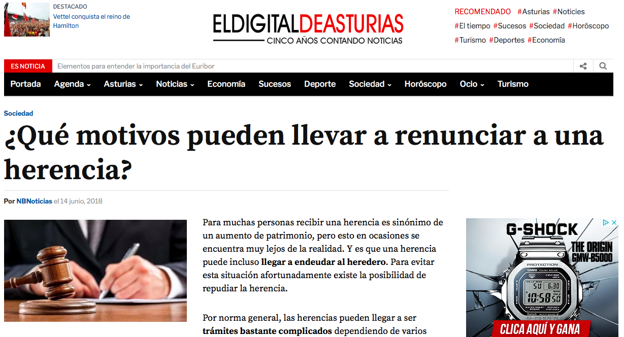Nueva colaboración de Bressers Law en prensa: renuncia a herencia en ‘El Digital de Asturias’