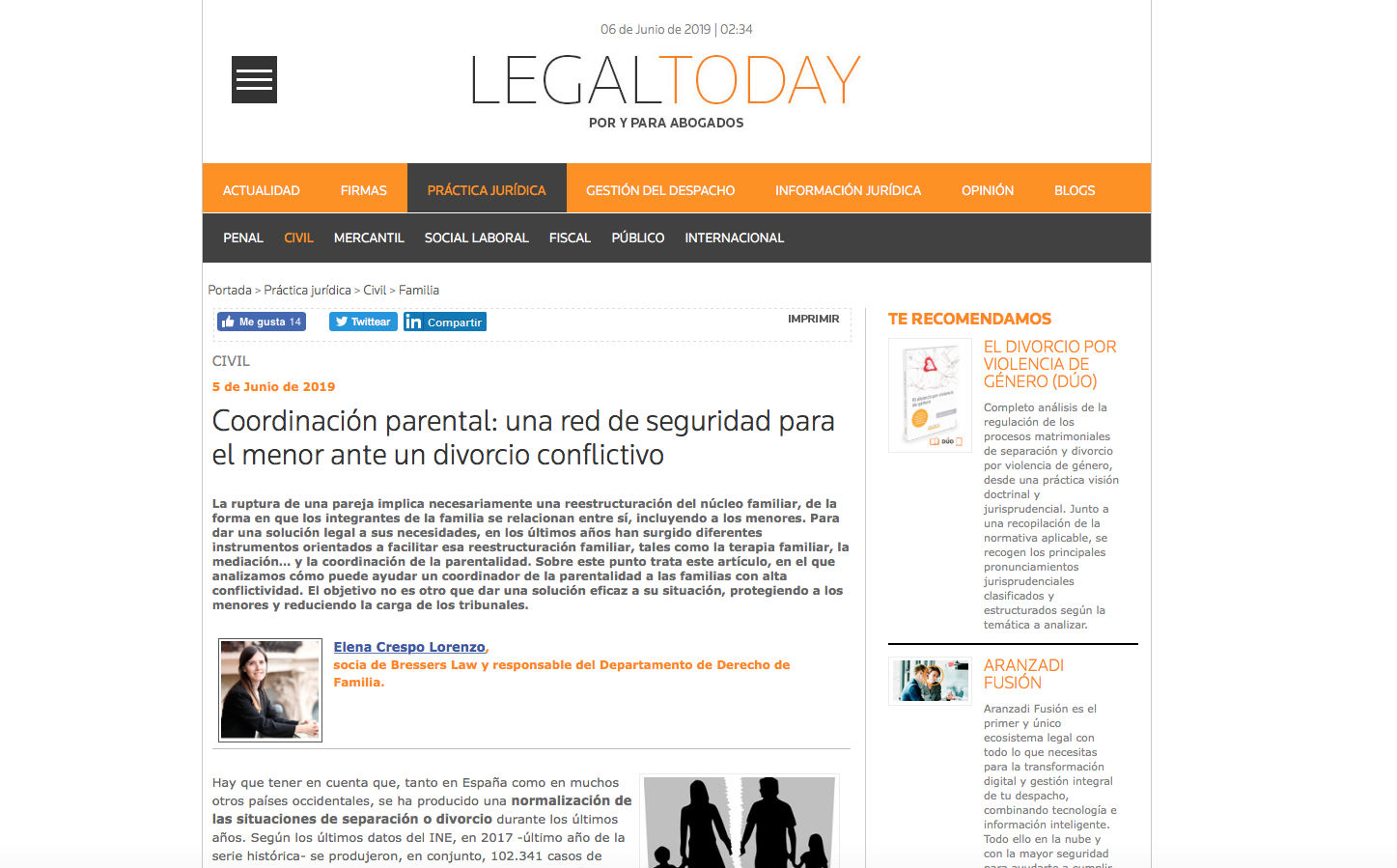 Artículo de Elena Crespo en Legal Today sobre coordinación parental